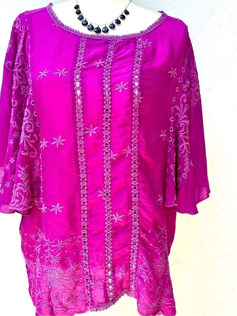 Johnny Was Vibrant Fuchsia Embroidered Silk Tunic Top